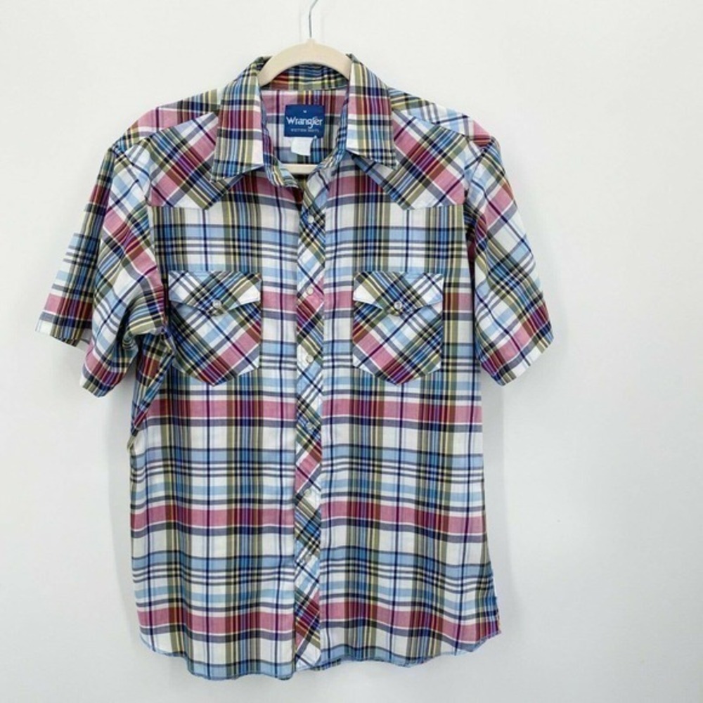 Wrangler Pearl Snap Shirt Mens Medium Plaid Short Sleeve Western Cowboy American